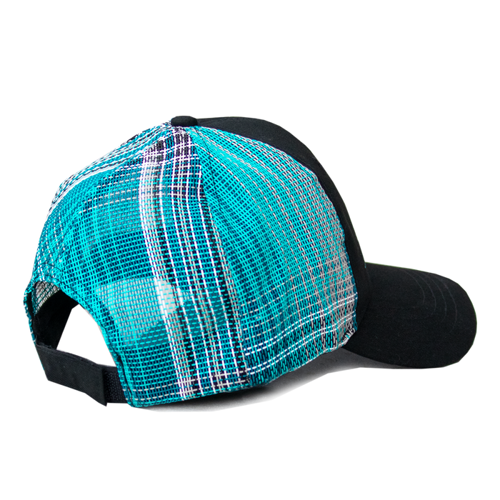 Back of baseball hat in aqua and black. 