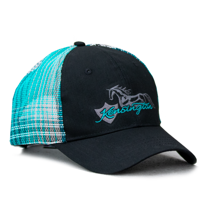 Baseball hat in aqua and black. 