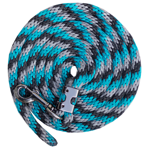 Tri colored horse lead rope in aqua, gray, and black.