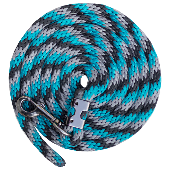 Tri colored horse lead rope in aqua, gray, and black.